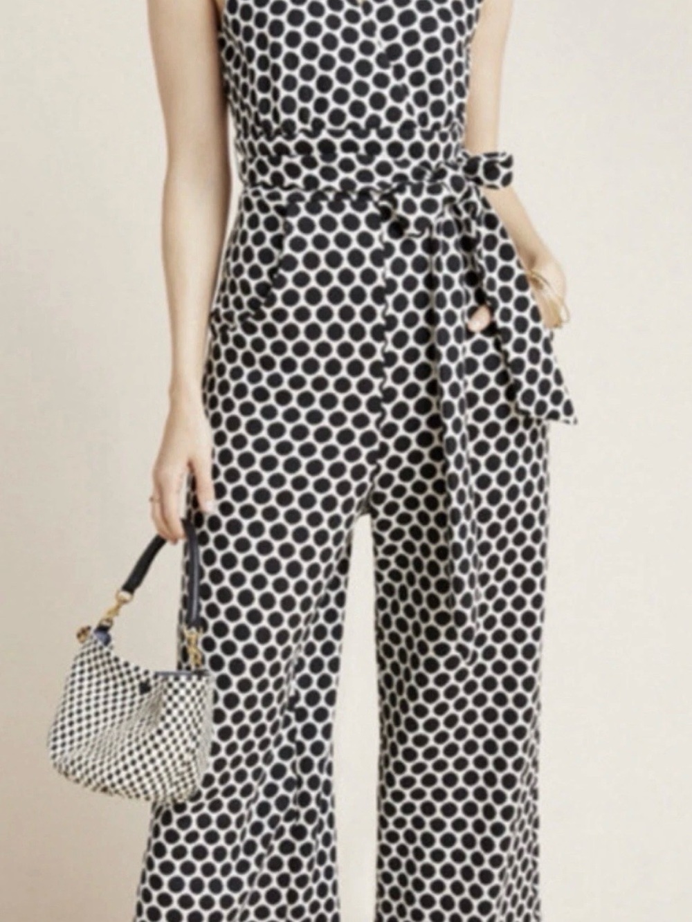 Anthropologie Eva Franco Masha B &W Polka Dot Wide-Leg Jumpsuit Sz L